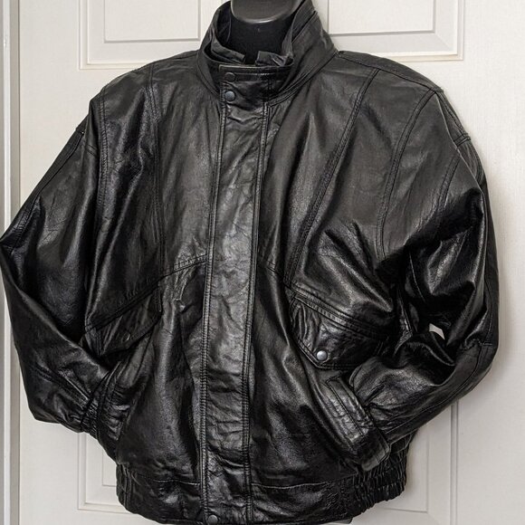 Genuine Leather Men's Vintage Heavy Black Leather Biker Bomber Jacket Sz L Coat